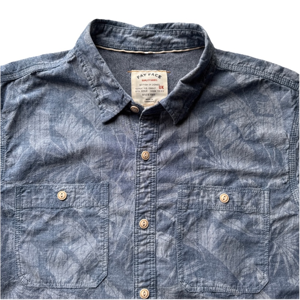 Fat Face Blue Tropical Leaf Print Button Shirt 100% Cotton, Men’s XL